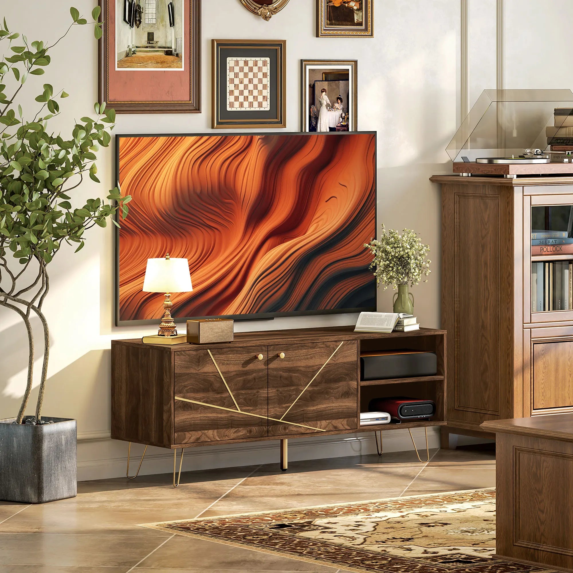 130cm TV Cabinet Unit with Adjustable Shelves, Gold-Tone Detail, Hairpin Legs and Cable Management
