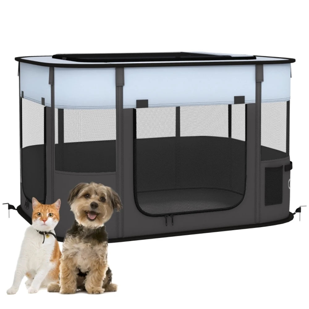 Foldable Dog Pen with Storage Bag 84x64x53cm Portable Playpen with Ground Stakes for Indoor Outdoor Grey