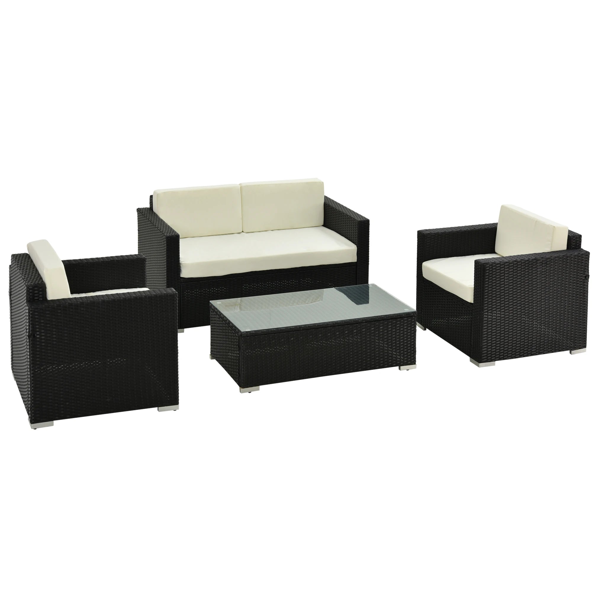 4 Piece PE Rattan Outdoor Sofa Set with Cushions Glass Top Coffee Table and Steel Frame for Garden Patio and Conservatory