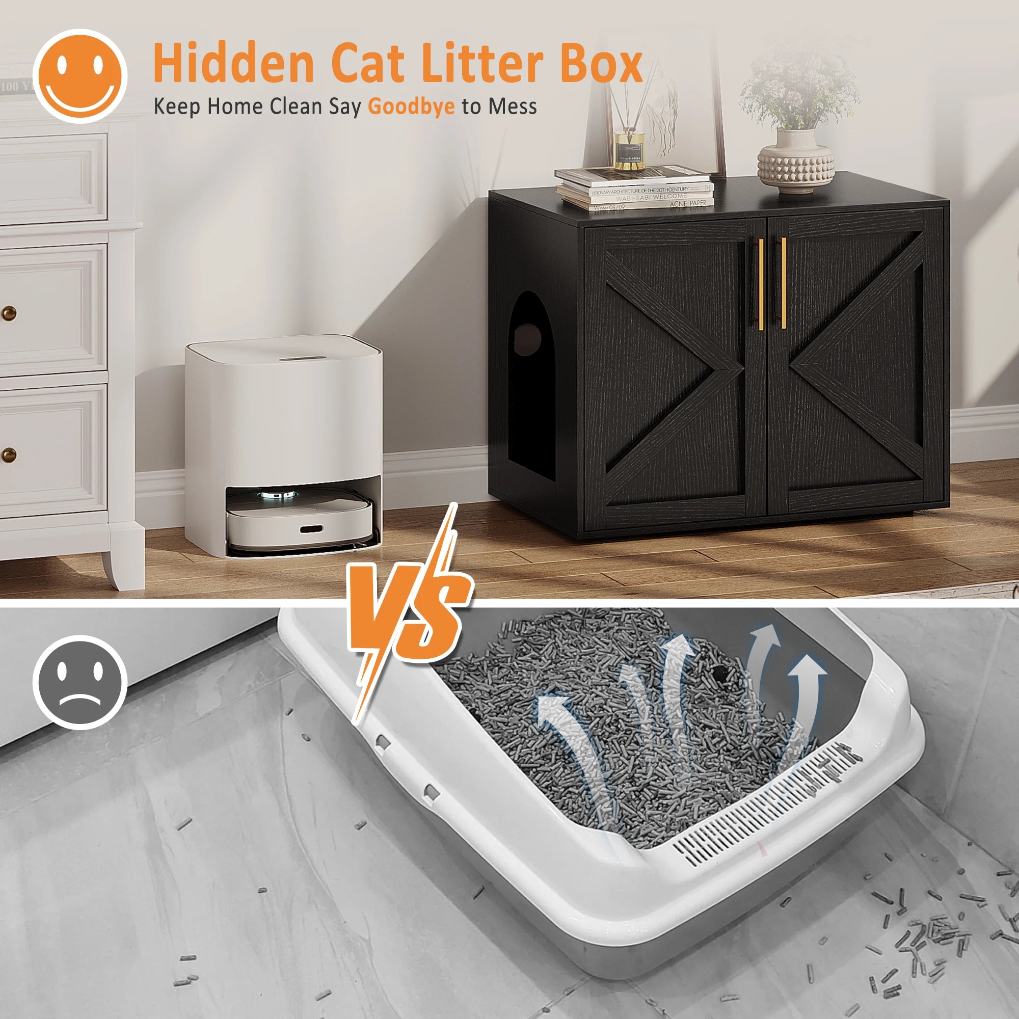 Hidden Cat Litter Box Enclosure, Barn Door Cabinet & End Table