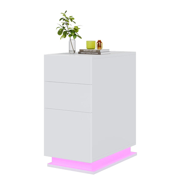 White Bedside Table with 3 Drawers, LED Strip, and Charging Station | 2AC 2USB Nightstand with App Control