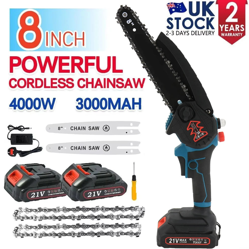 8 Inch Cordless Mini Chainsaw Brushless Motor 2 Batteries Lightweight One Hand for Wood Cutting Branch Trimming