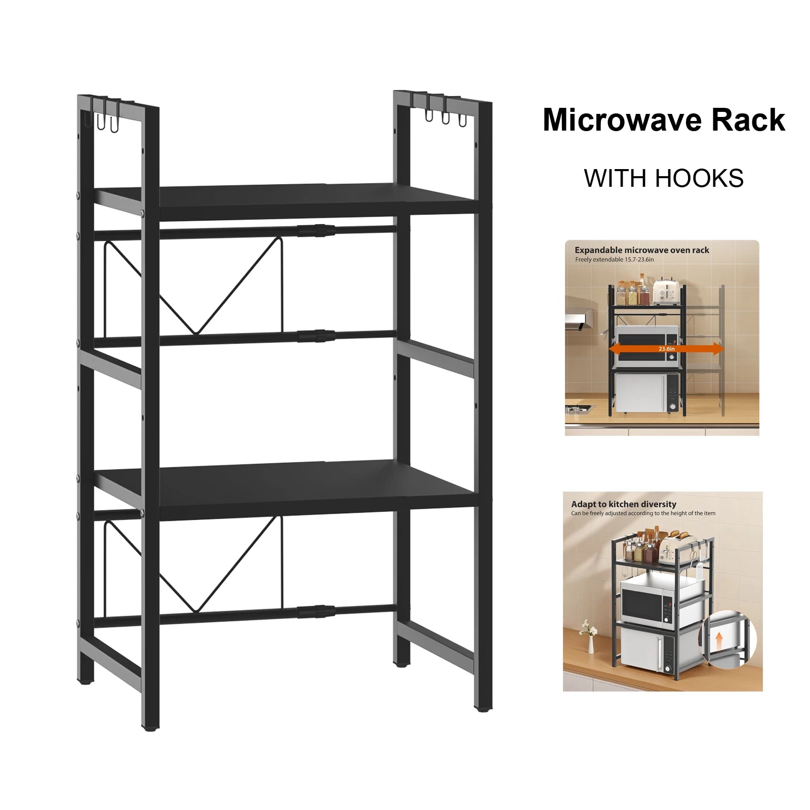 3-Tier Expandable Metal Microwave Shelf with Adjustable Height | Kitchen Storage Rack with 6 Hooks 40kg Capacity
