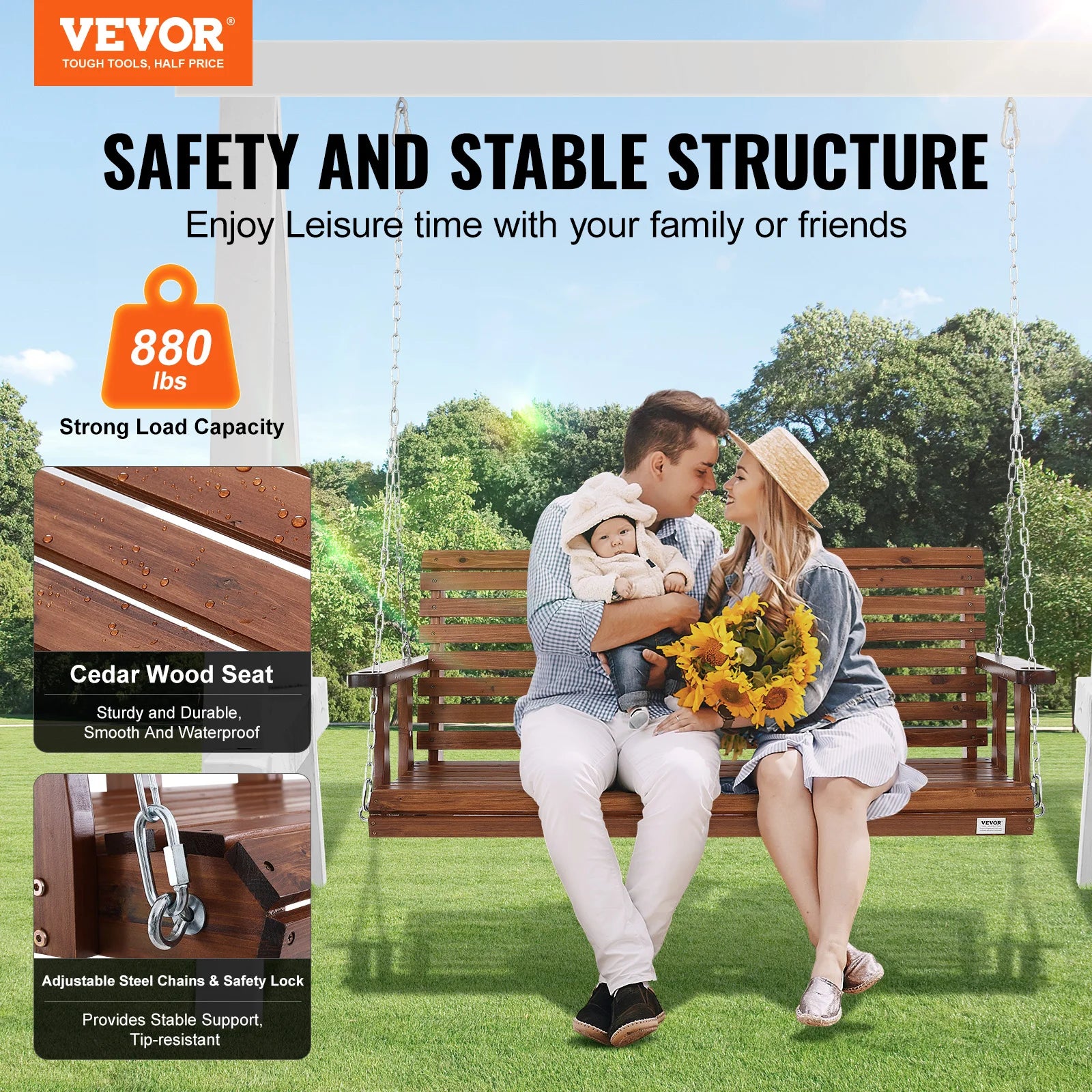 5FT Wooden Porch Swing Bench 880lbs Cedar Wood Steel Chains for Garden Courtyard Patio Outdoor