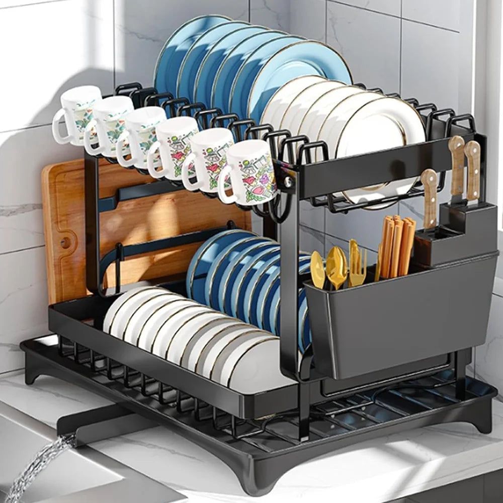 2-Tier Dish Drying Rack with Draining Tray and Cutlery Holder | Large Capacity Kitchen Countertop Storage Rack