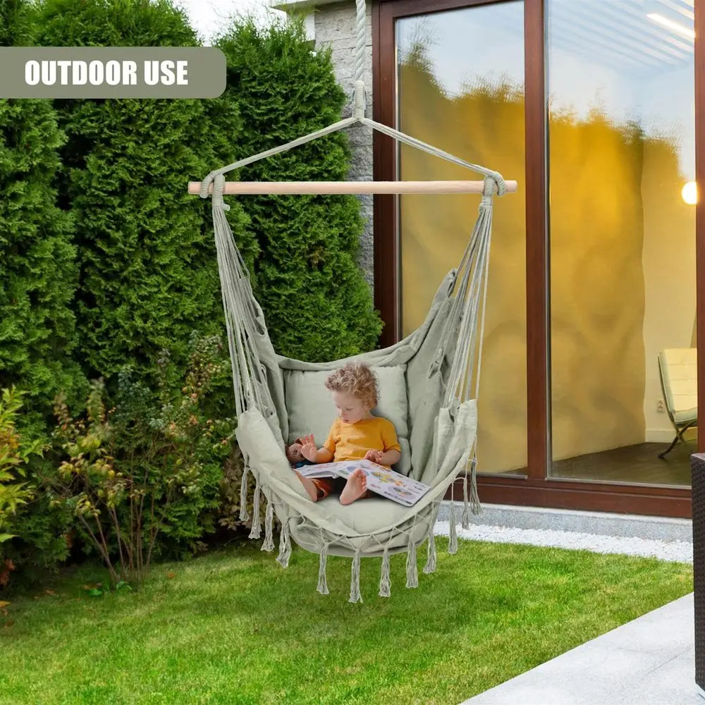 Cotton Blend Hammock Swing Chair with Wooden Spreader Bar and Cushioned Seat for Indoor and Outdoor Use