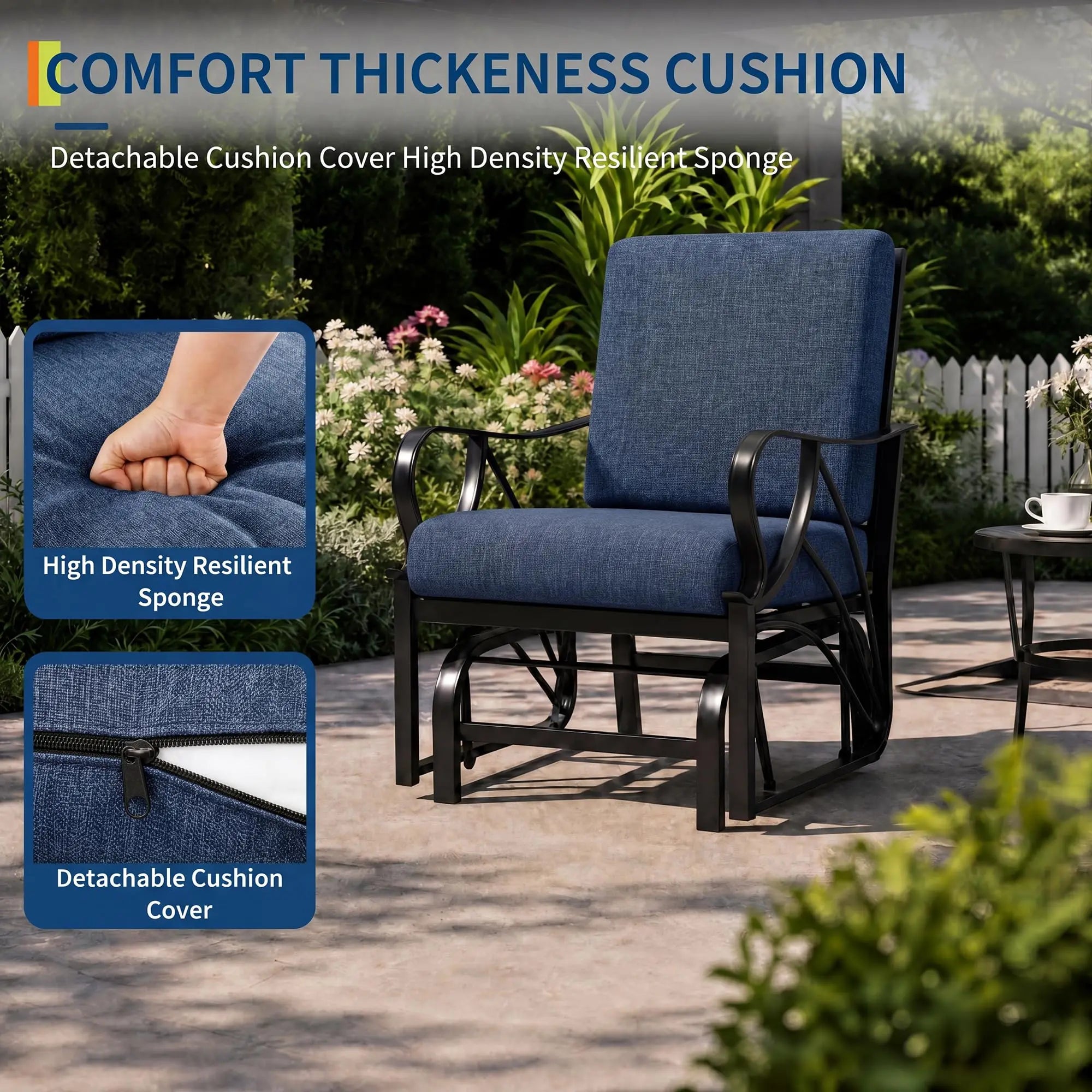 Porch Glider Rocking Chair 330lbs Heavy Duty Steel Frame Thick Cushion Ergonomic for Garden Patio Yard Lawn