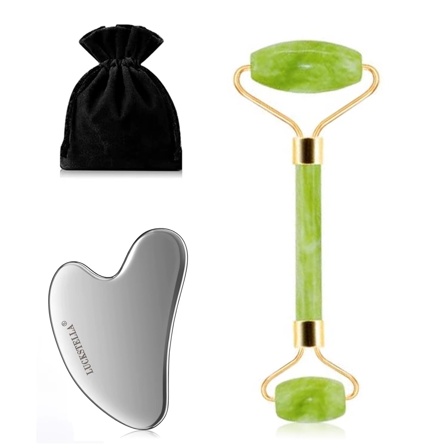 Skin Care Quartz Stone Natural Face Jade Roller Set Cooling Eye Gua Sha Tool Facial Beauty Massage for Face Jade Wheel Green