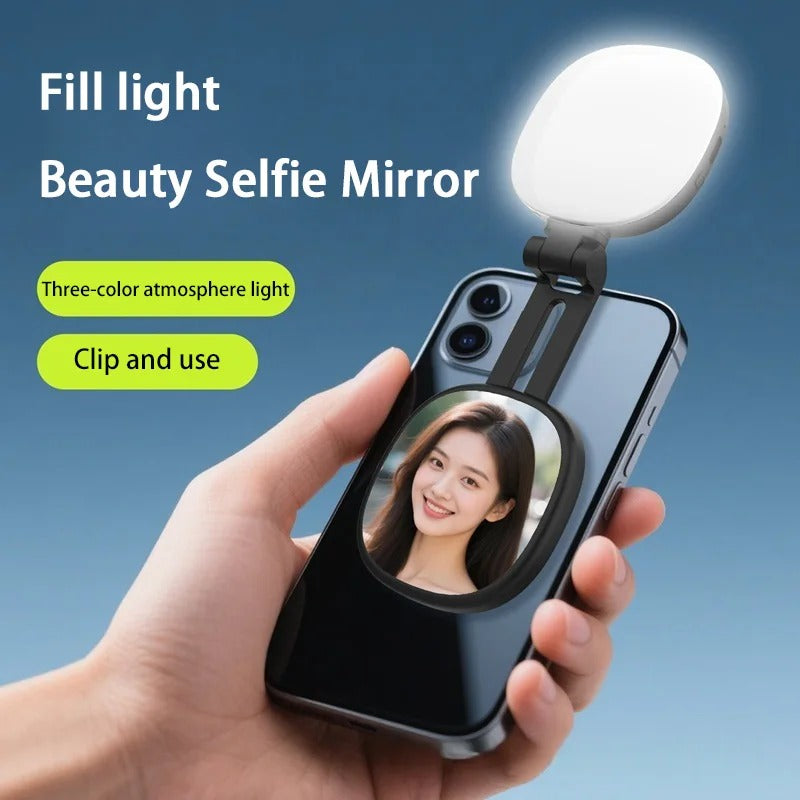 Magnetic Selfie Fill Light & Foldable Makeup Mirror | Mini Portable LED Light for Mobile Phones, Live Streaming & Photos