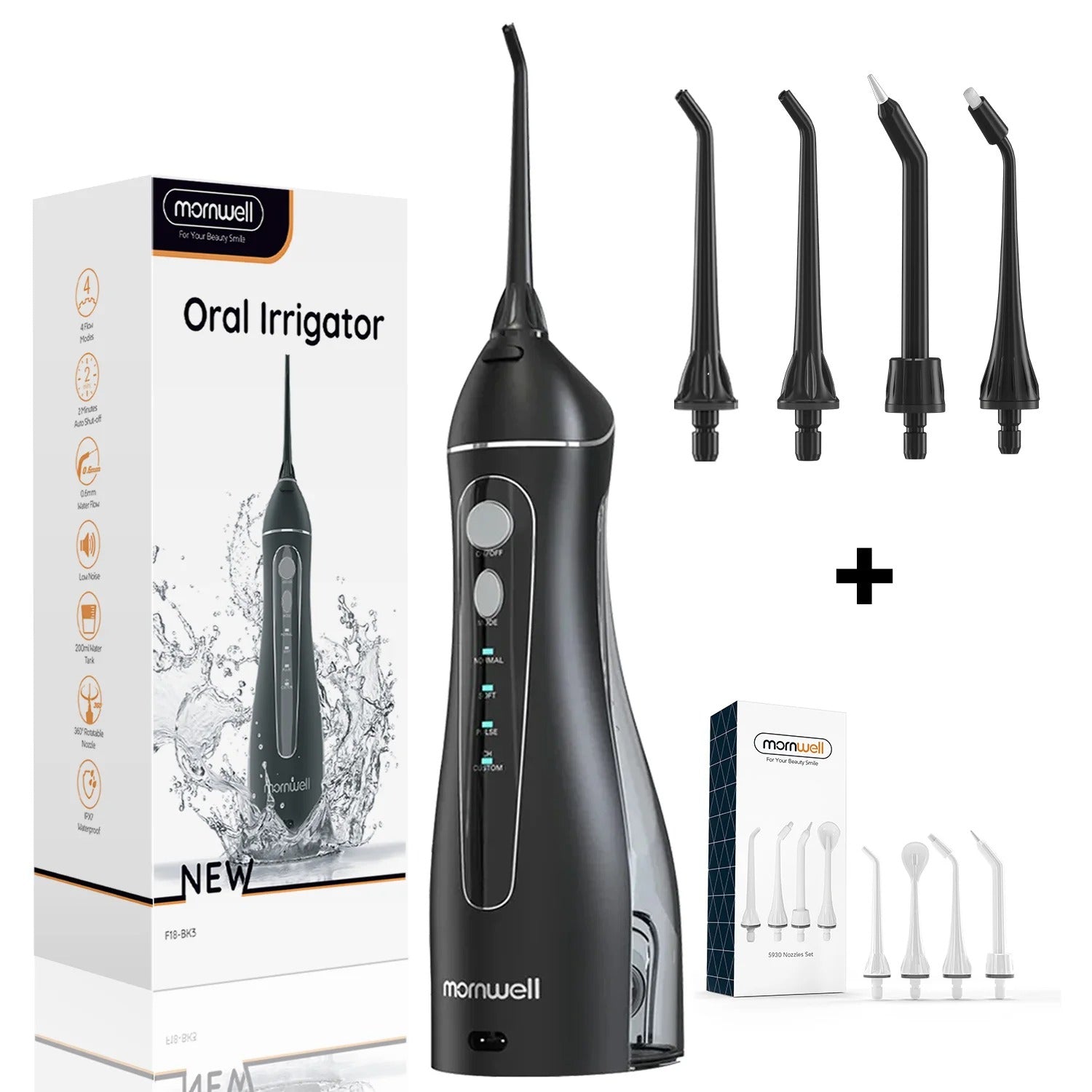 Mornwell Portable Oral Irrigator F18 | USB Rechargeable Water Flosser with 4 Nozzles, 200ml Tank & Waterproof Design
