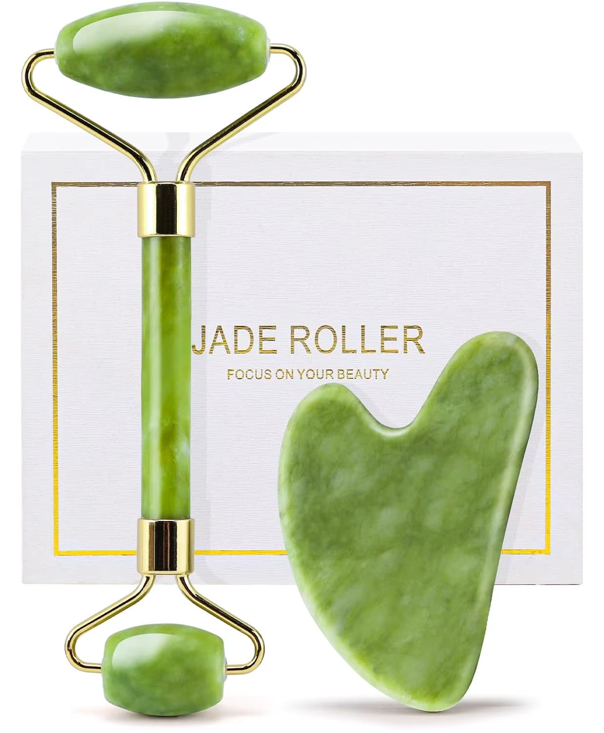 Skin Care Quartz Stone Natural Face Jade Roller Set Cooling Eye Gua Sha Tool Facial Beauty Massage for Face Jade Wheel Green