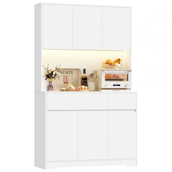 180cm Tall Kitchen Cabinet with LED Lighting and Power Outlet | Sideboard with 6 Doors 2 Drawers and Adjustable Shelves