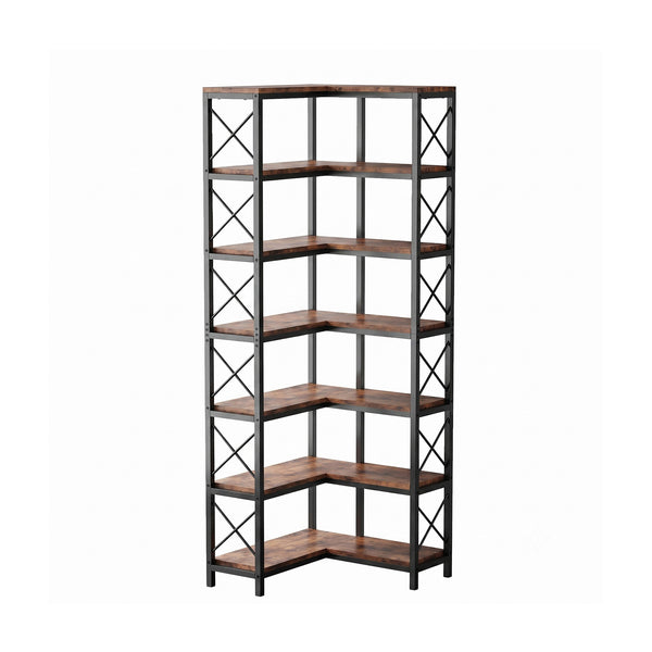 7-Tier Industrial Corner Bookshelf 200cm | Wood and Black Metal Etagere Corner Display Shelf
