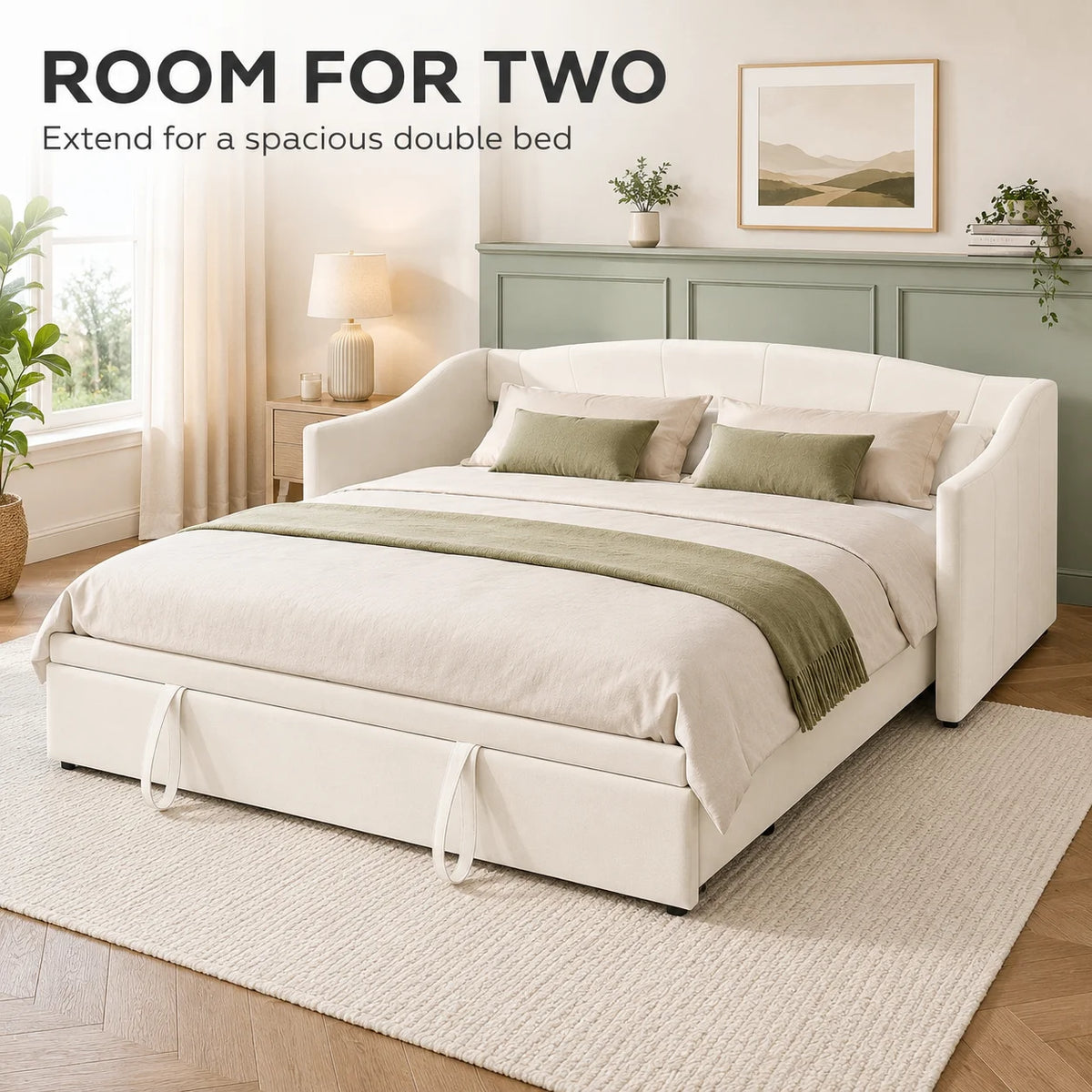 Pull-Out Daybed Sofa Bed 90 x 190cm, Beige Velvet, Guest Bed for Adults & Teens