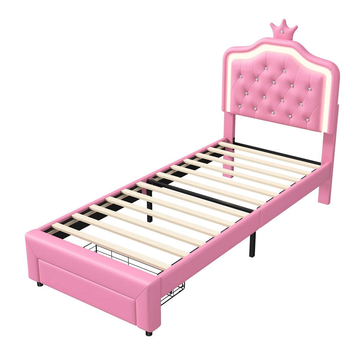 3FT Single Bed Frame 90 x 190cm, Pink PU Upholstered Princess Bed with LED Light, Adjustable Crown Headboard & Storage Drawer, Kids Bedroom, Mattress Not Included
