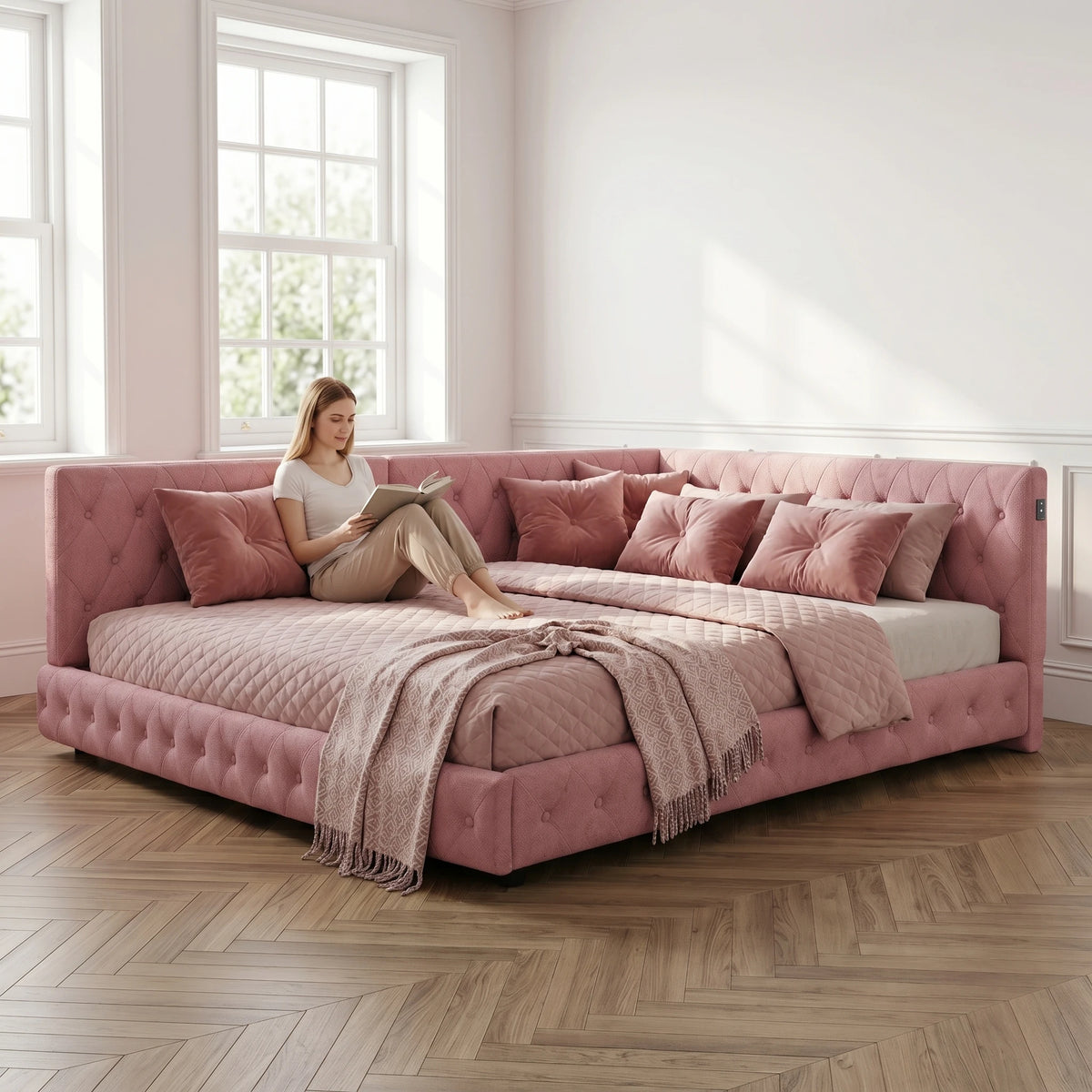 135 x 190cm Upholstered Bed Frame with LED Lighting & USB Charging, Teddy Fleece, Pink or White