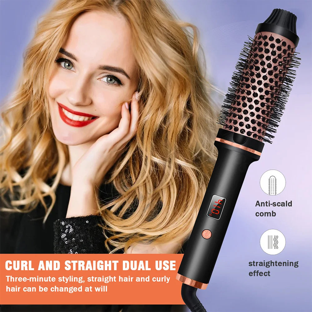 3 in 1 Hair Curler and Straightener Brush with LCD Display and Ionic Function, UK Plug, Black