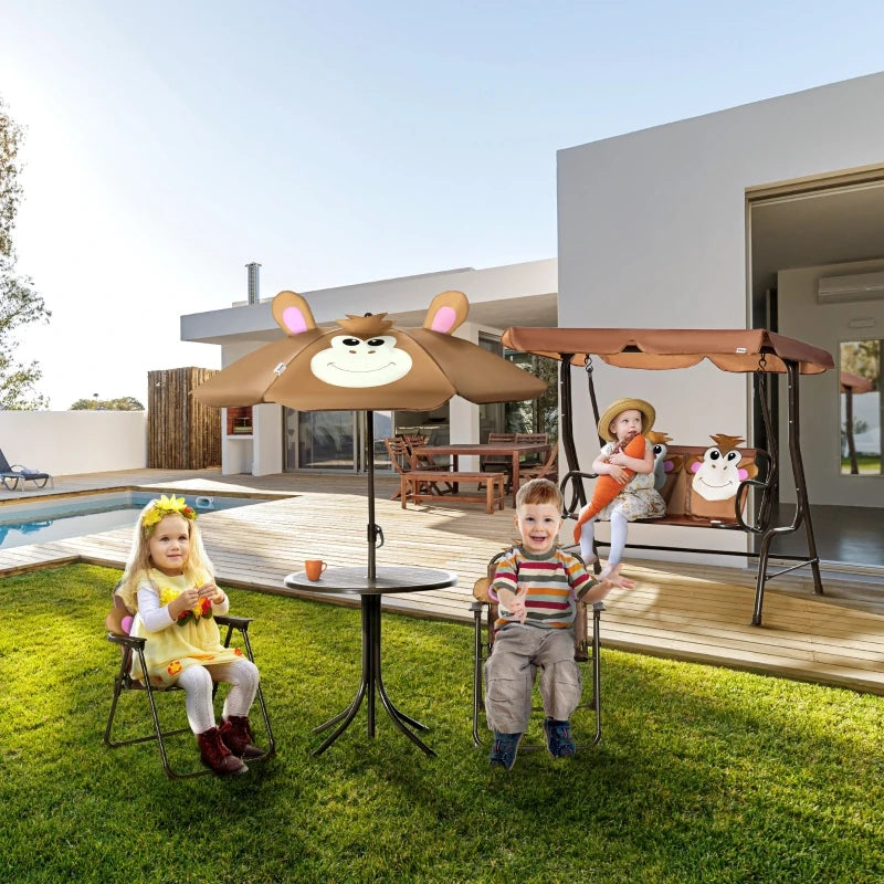 2 Seater Kids Garden Swing Chair Monkey Pattern Adjustable Awning Seatbelts 60kg for Children Outdoor Patio