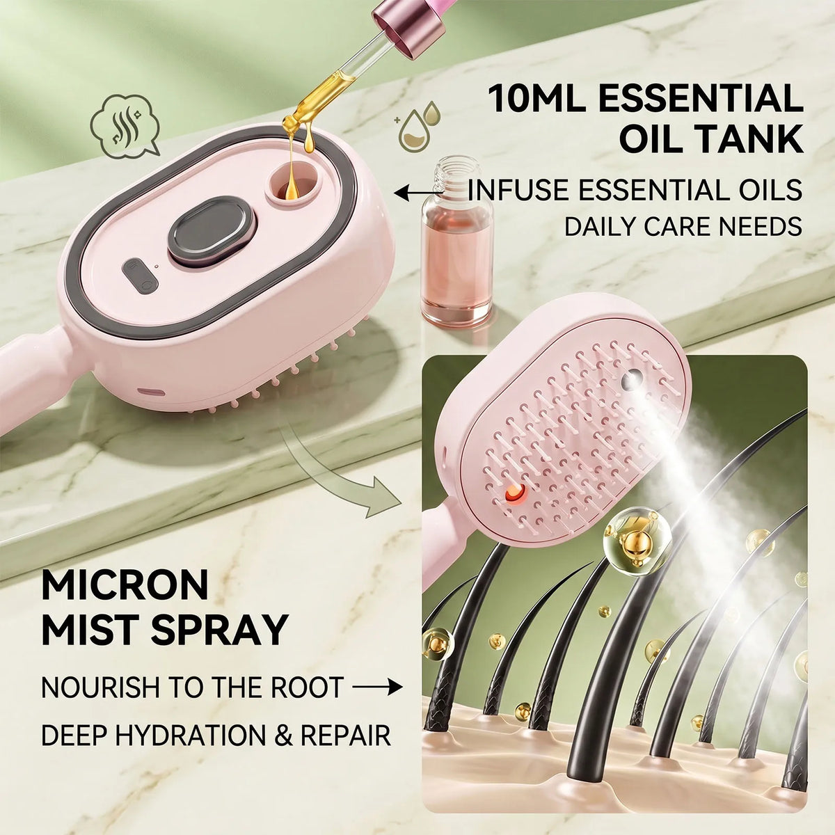 Electric Spray Massage Comb with 10ml Mist Tank, Self-Cleaning Anti-Tangle Hair Brush, Pink