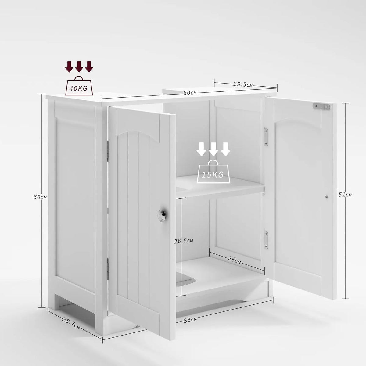 Under Sink Bathroom Cabinet with 2 Doors and Adjustable Shelf | Grey Wooden Basin Cupboard Storage Unit 60cm