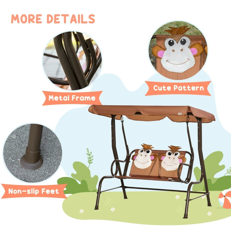 2 Seater Kids Garden Swing Chair Monkey Pattern Adjustable Awning Seatbelts 60kg for Children Outdoor Patio