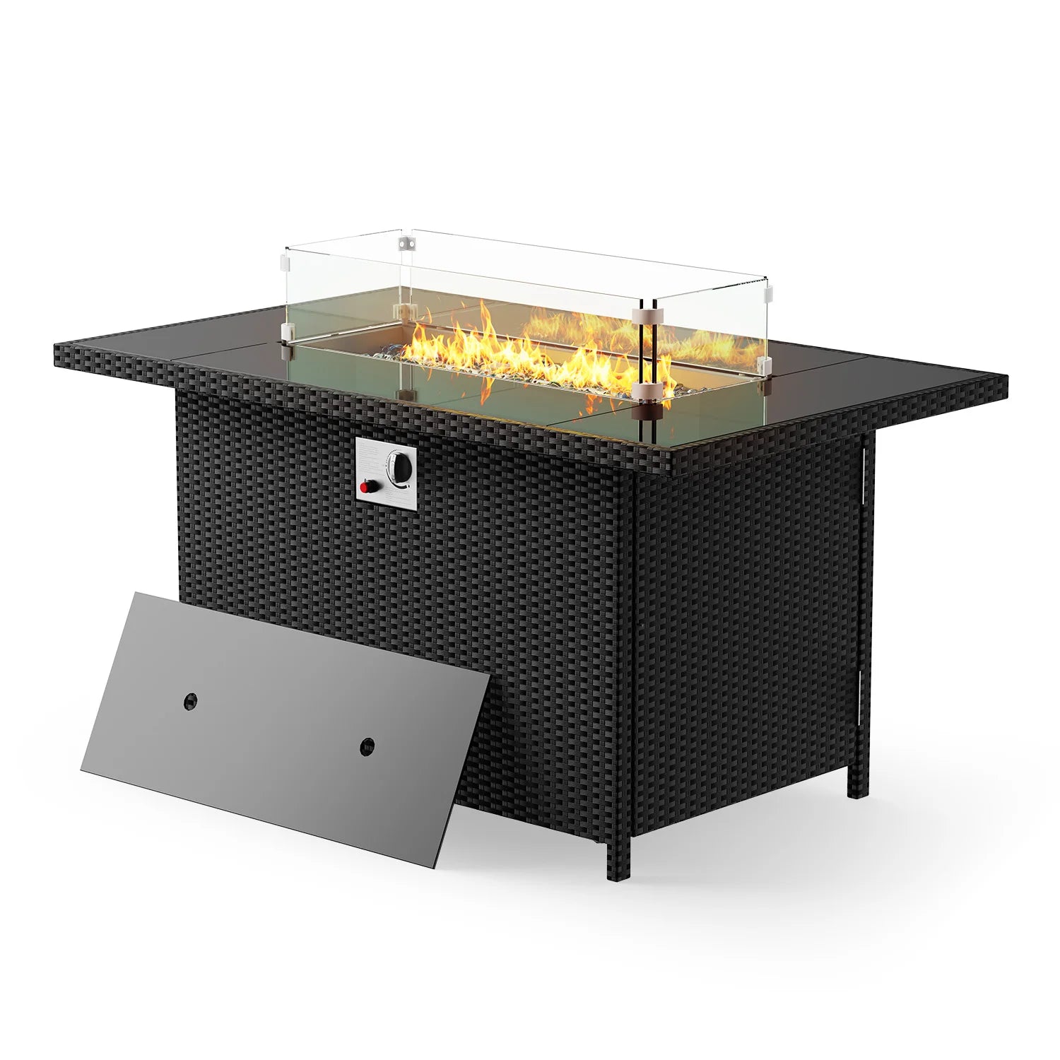 Propane Gas Fire Pit Table Rectangular with Removable Lid and Lava Rock for Patio Garden