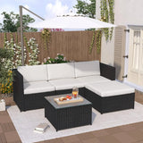 5 Piece Rattan Garden Sofa Set with Glass Coffee Table Thick Cushions and Corner Stool for Garden Conservatory and Patio