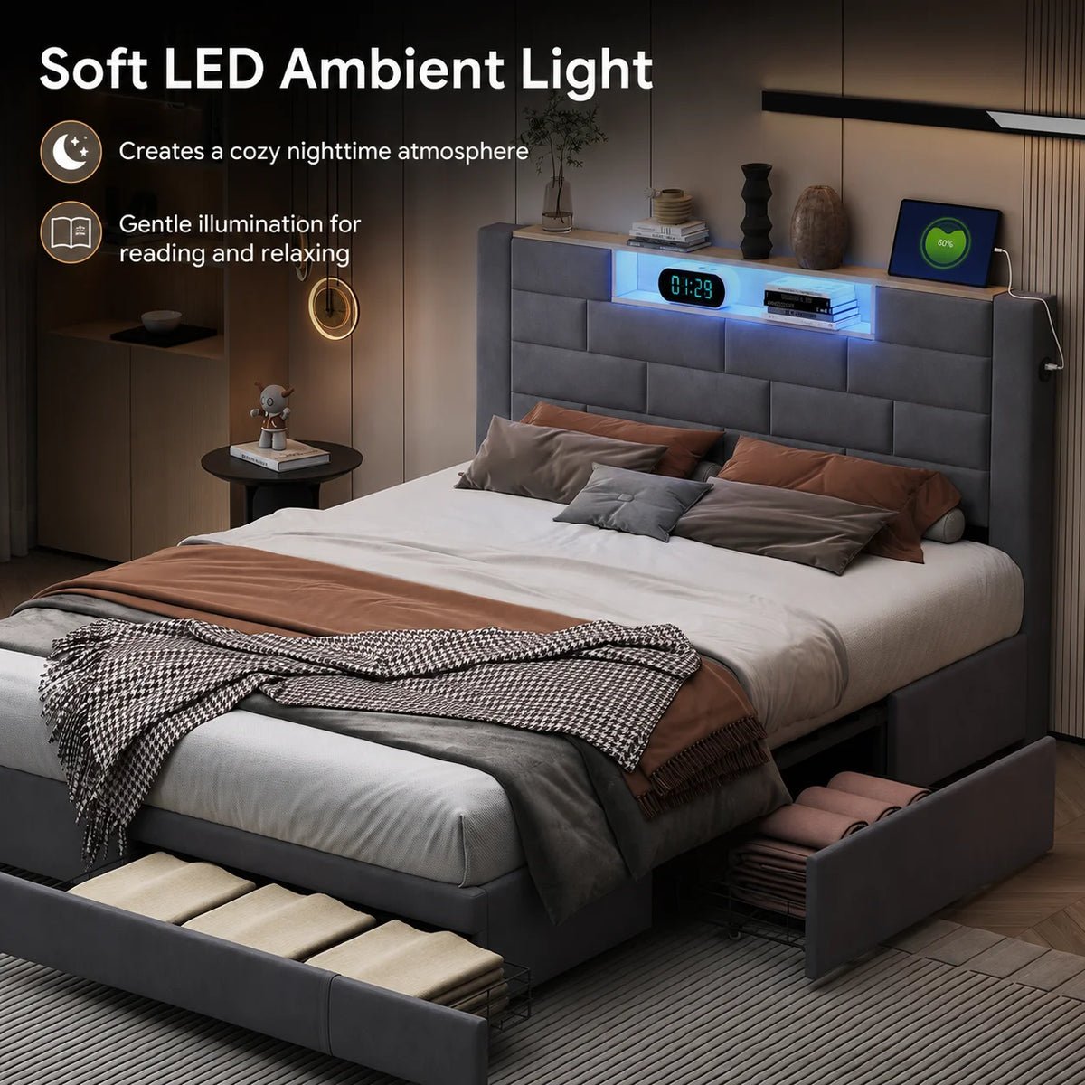 5FT Double Ottoman Bed with 3 Storage Drawers, LED Headboard & USB Charging, Grey Velvet