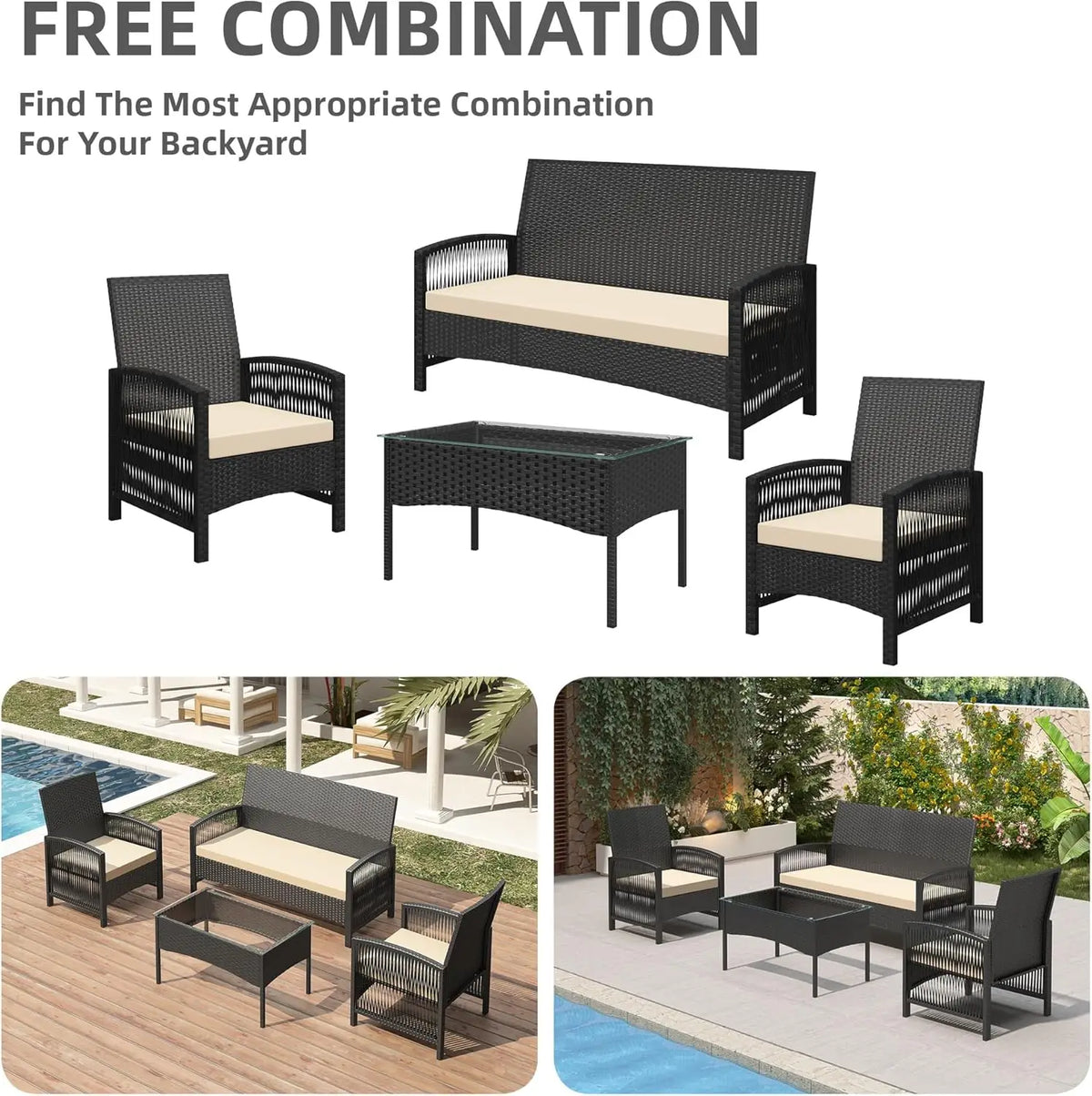 4-Piece Rattan Garden Furniture Set with Loveseat Sofa, Armchairs and Glass Coffee Table