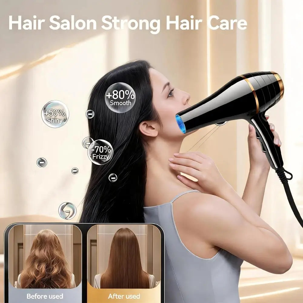 1800W Ionic Hair Dryer with 6 Speed Settings, Overheat Protection and Nozzle, Black and Gold