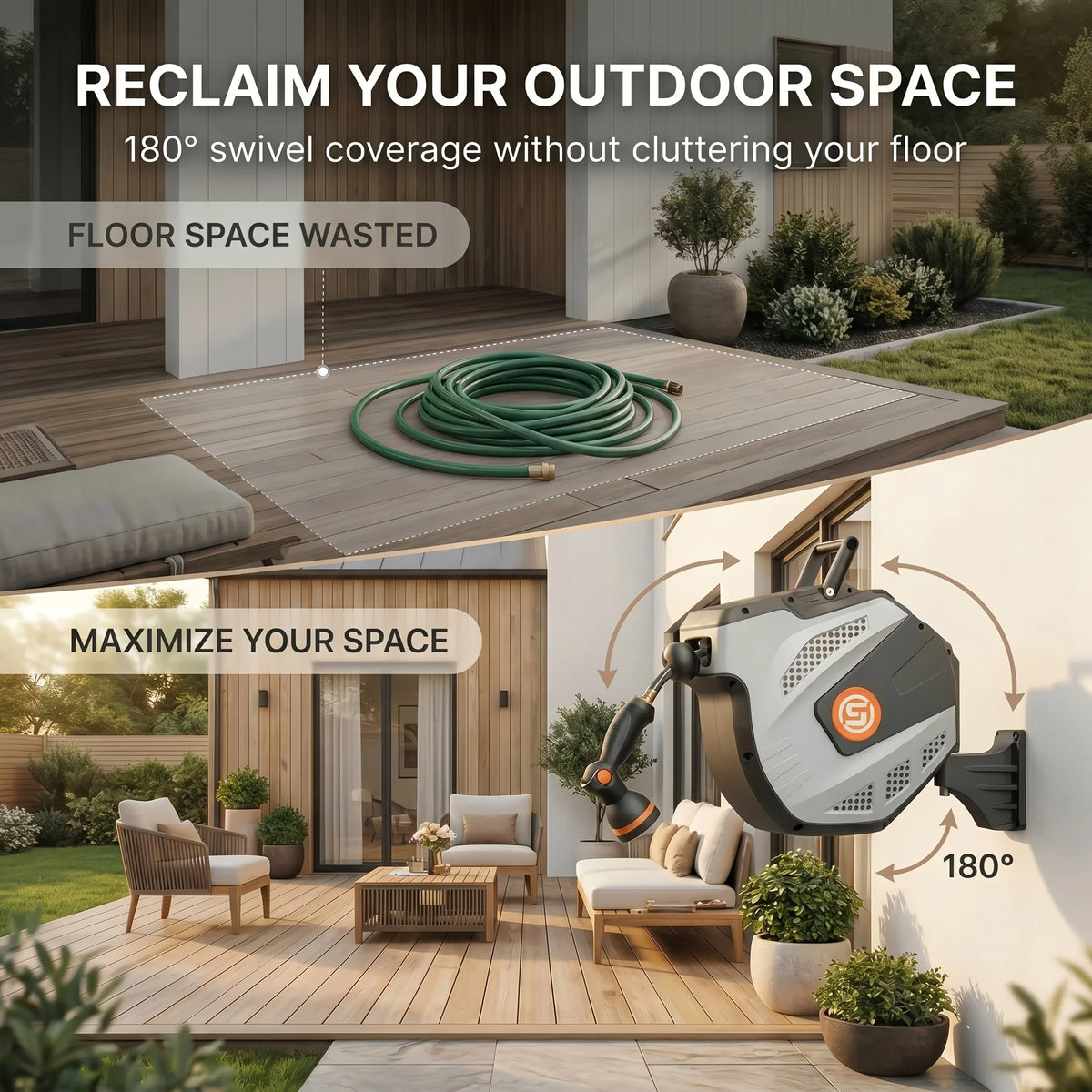 Self Retracting Hose Reel 10-35m Wall Mount Automatic Rewind 10 Function Nozzle 180° Swivel for Garden Car