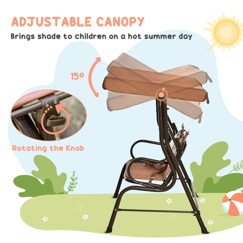 2 Seater Kids Garden Swing Chair Monkey Pattern Adjustable Awning Seatbelts 60kg for Children Outdoor Patio