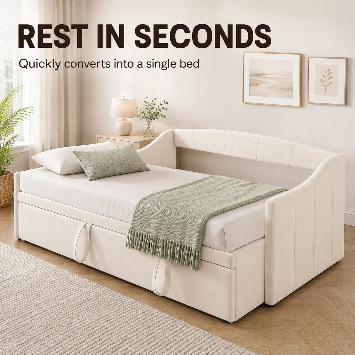 Pull-Out Daybed Sofa Bed 90 x 190cm, Beige Velvet, Guest Bed for Adults & Teens
