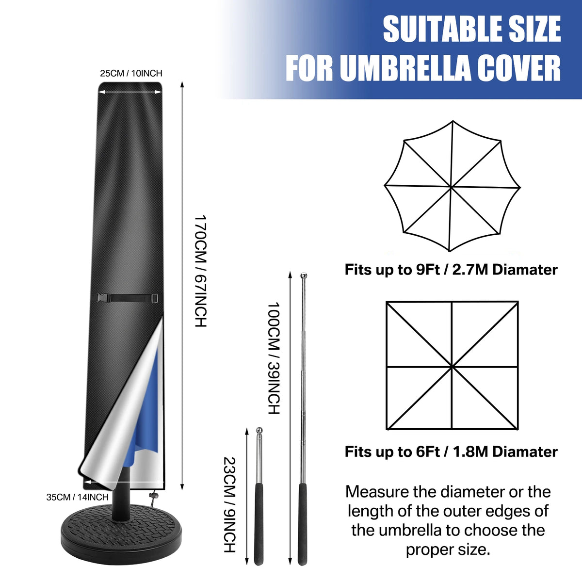 Umbrella Cover for Outdoor Parasols, 210D Oxford Fabric, Waterproof Windproof Anti-UV Garden Parasol Protector