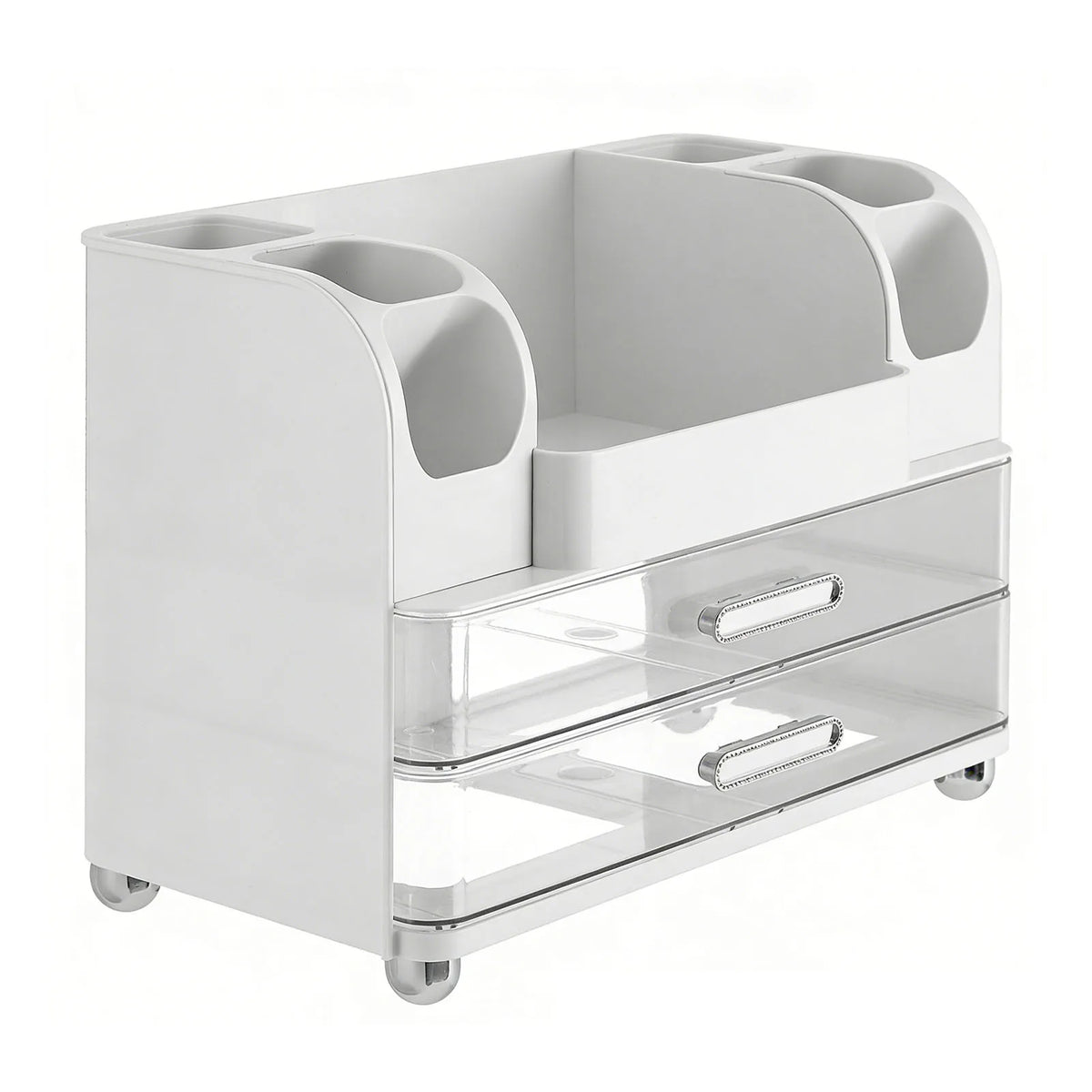 Makeup Organiser with 2 Drawers 34x24x18.5cm Countertop Display Case with 6 Compartments and Brush Holder White
