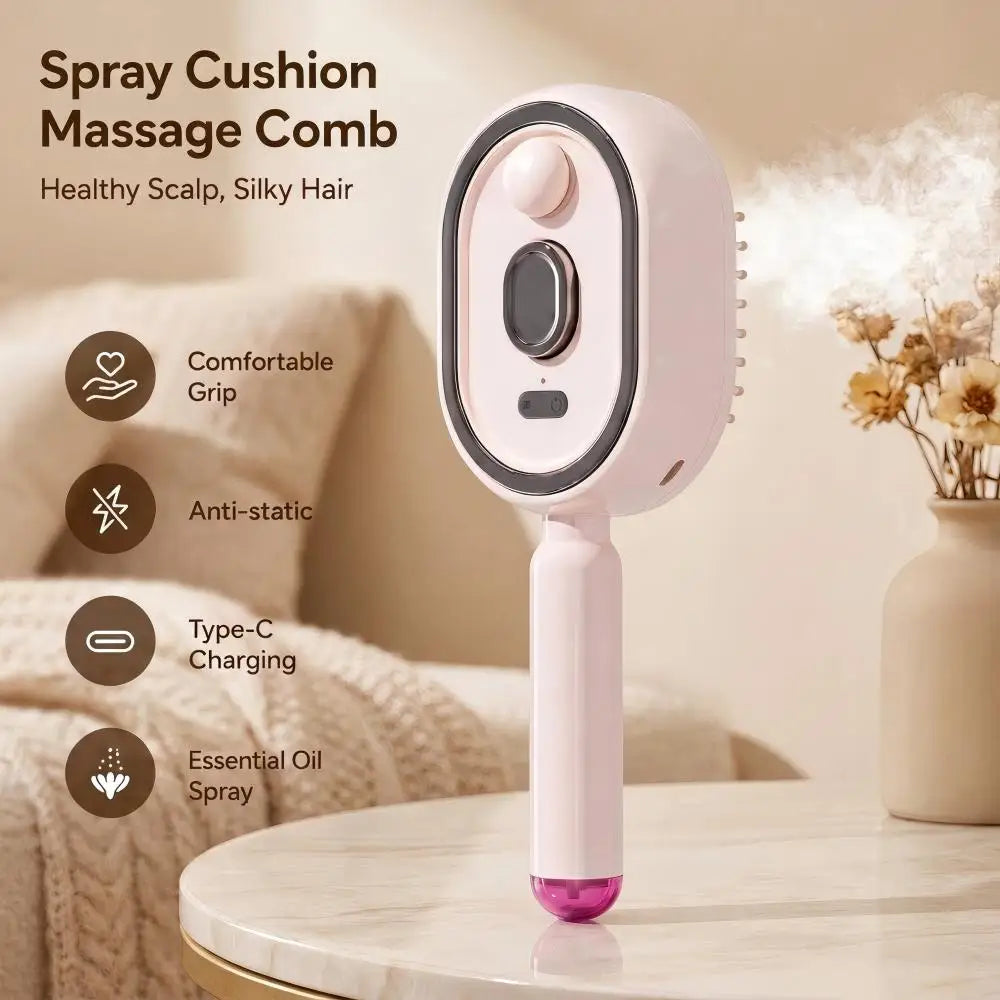 Electric Spray Massage Comb with 10ml Mist Tank, Self-Cleaning Anti-Tangle Hair Brush, Pink