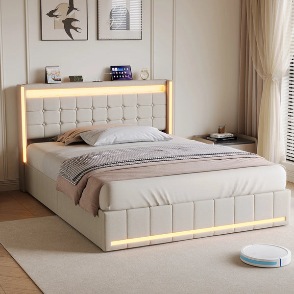 King Size Bed Frame 150x200cm with LED Lighting, 4 Storage Drawers & USB Charging, Dark Grey or Beige