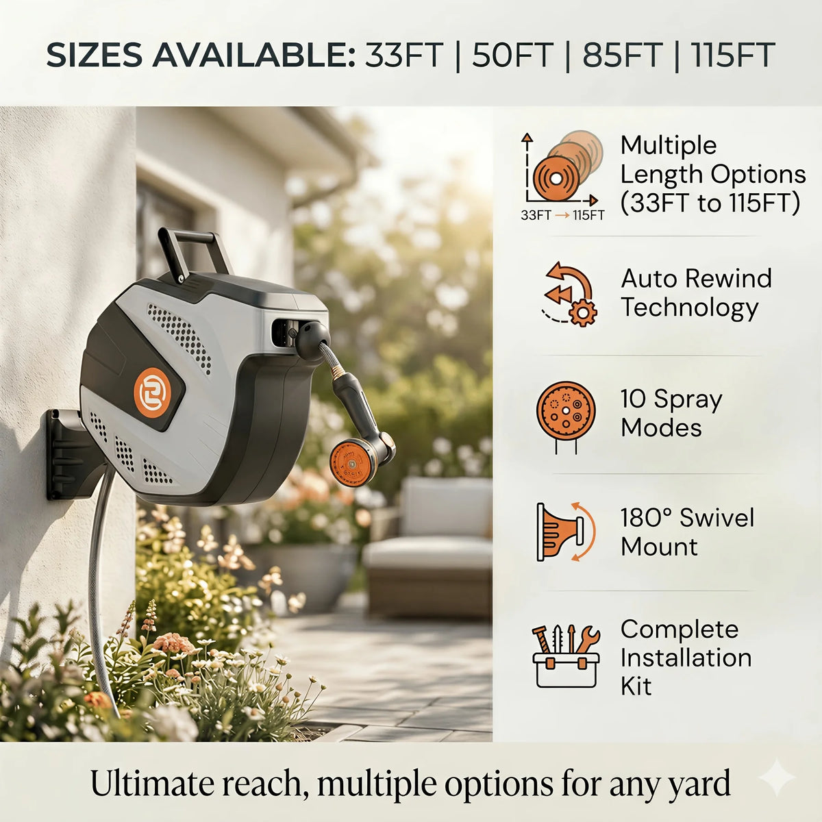 Self Retracting Hose Reel 10-35m Wall Mount Automatic Rewind 10 Function Nozzle 180° Swivel for Garden Car