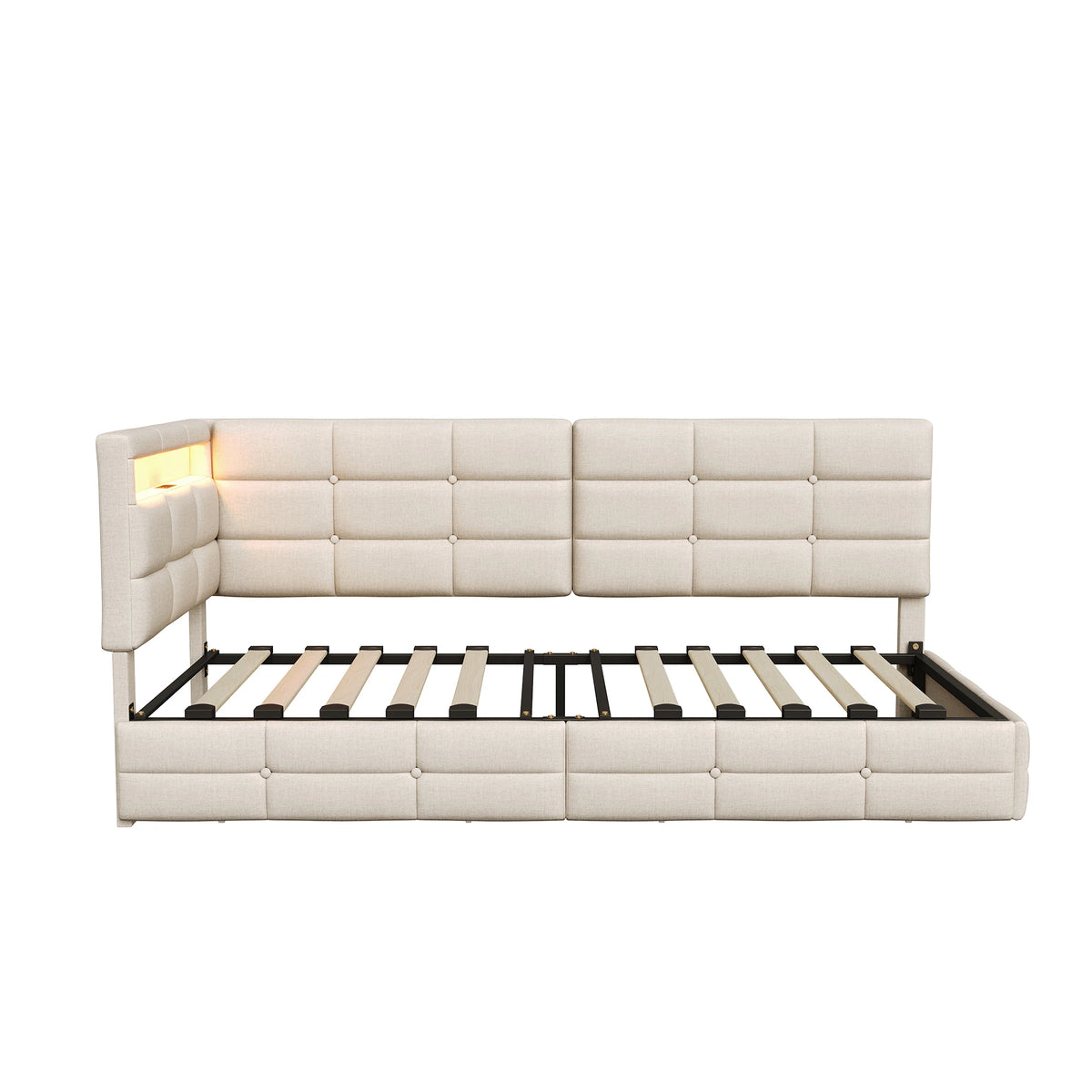 L-Shape Corner Ottoman Bed 90 x 190cm, Daybed with LED Lighting, 2 Storage Drawers & Charging Station, 3ft Upholstered Sofa Bed Frame, Linen, Beige, No Mattress