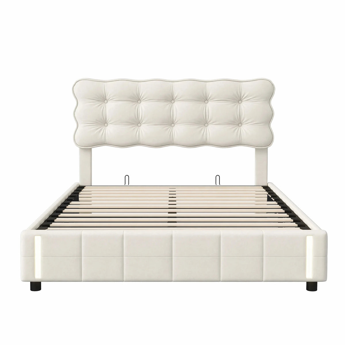 Beige Velvet 135 x 190cm Double Bed, Gas-Lift Storage Bed with Motion-Sensor LED Light, Mattress Not Included