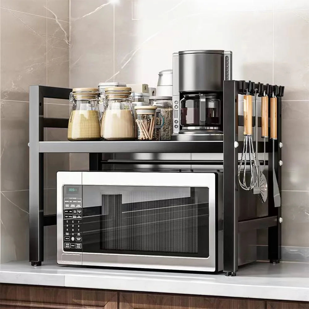 Retractable Carbon Steel Microwave Stand and Kitchen Storage Rack | Countertop Spice and Appliance Shelf