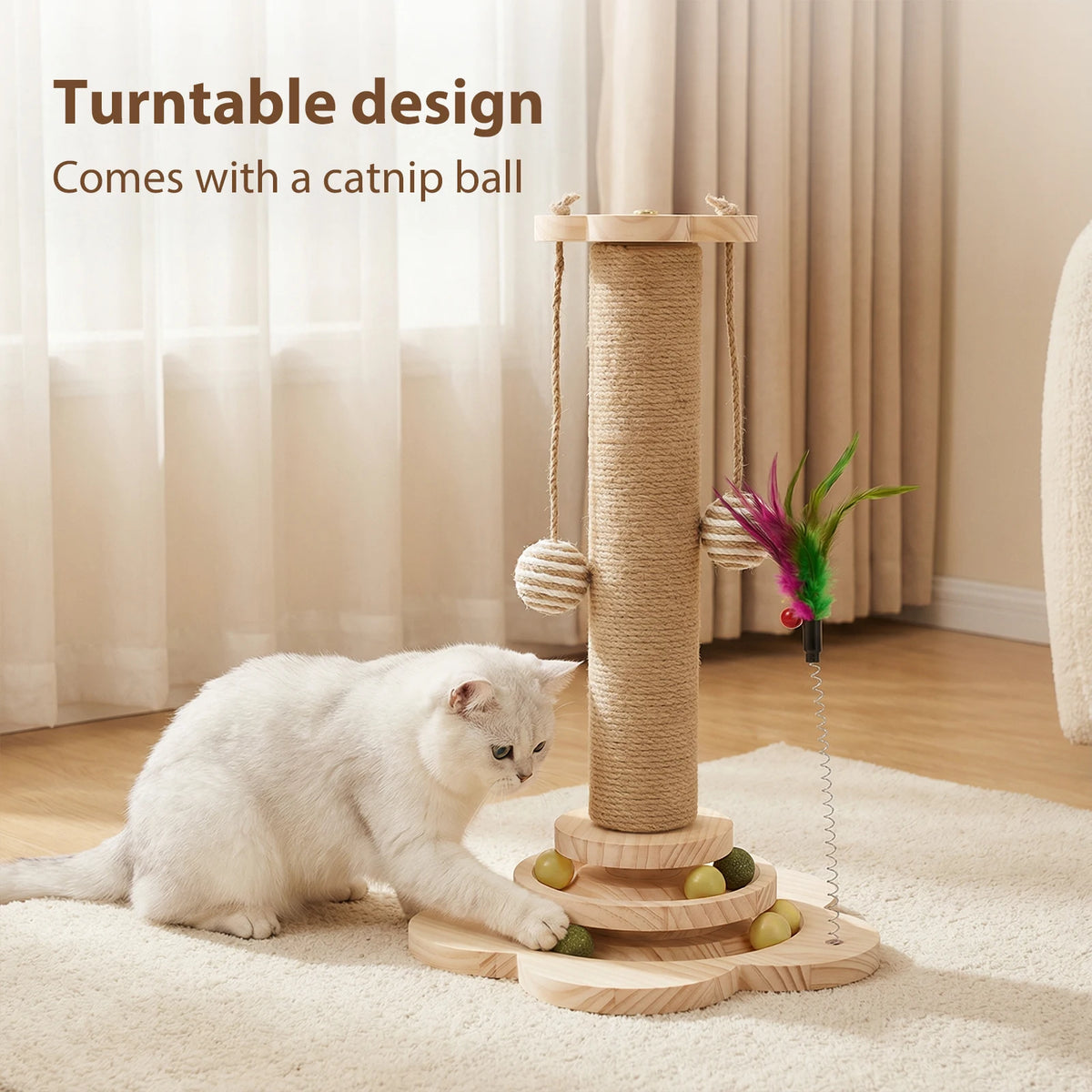 Cat Scratching Post 46cm with Natural Sisal Track Ball Spring Feather and Play Platform Pine Wood