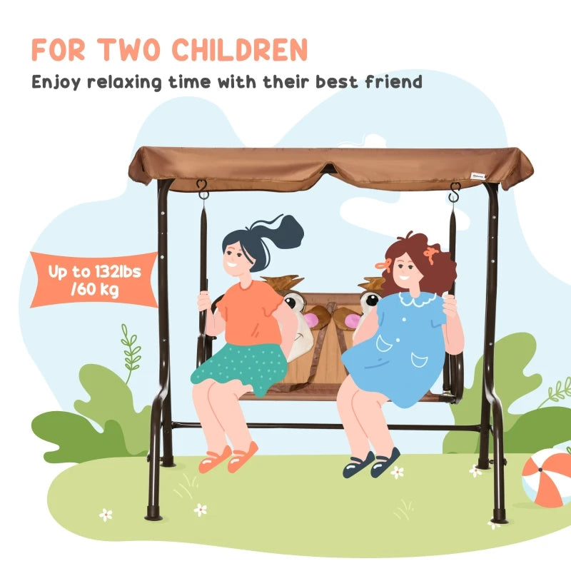 2 Seater Kids Garden Swing Chair Monkey Pattern Adjustable Awning Seatbelts 60kg for Children Outdoor Patio