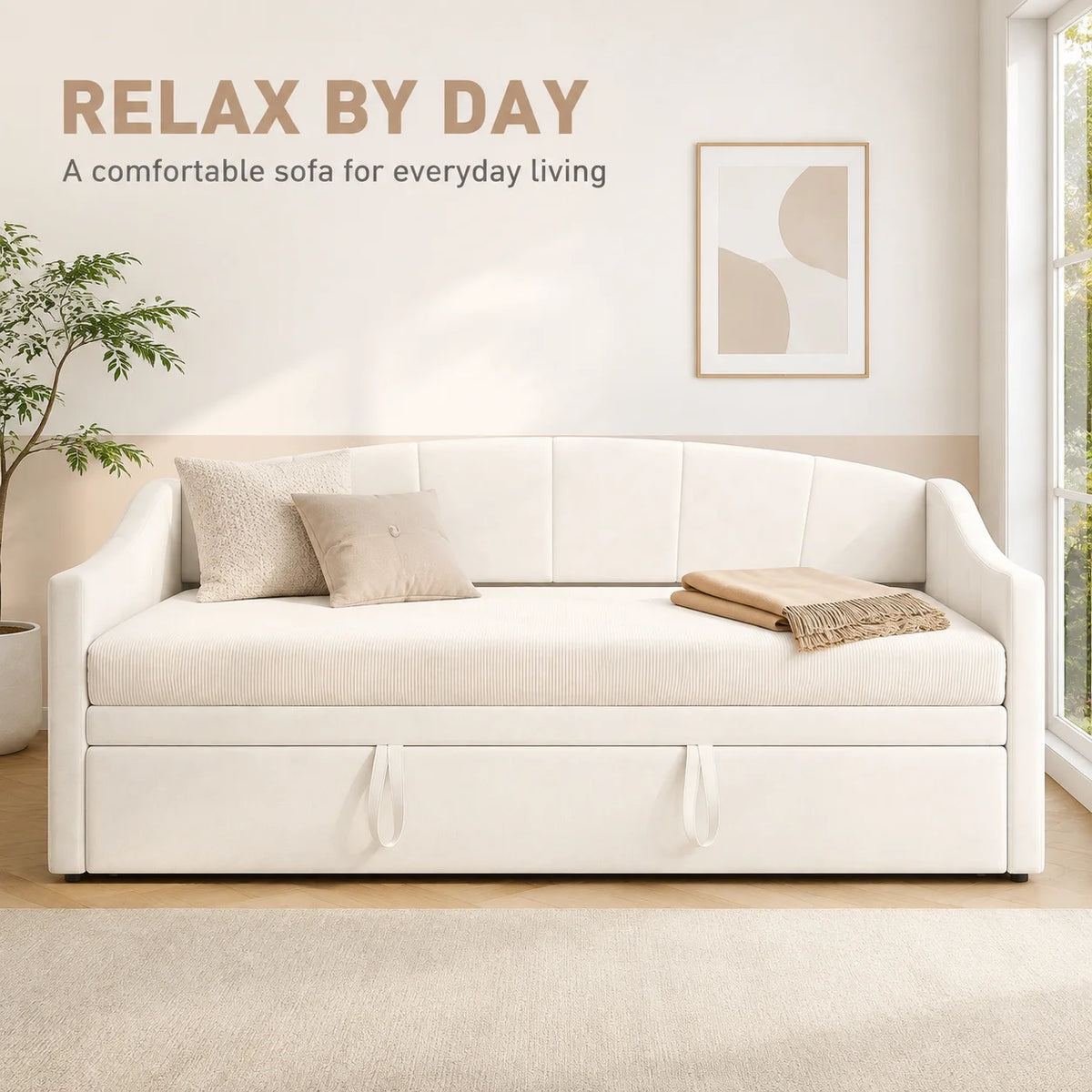 Pull-Out Daybed Sofa Bed 90 x 190cm, Beige Velvet, Guest Bed for Adults & Teens