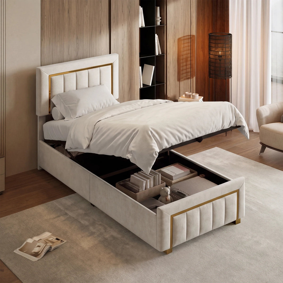 3ft Single Velvet Upholstered Bed Frame with Hydraulic Storage, Padded Headboard, Black or White