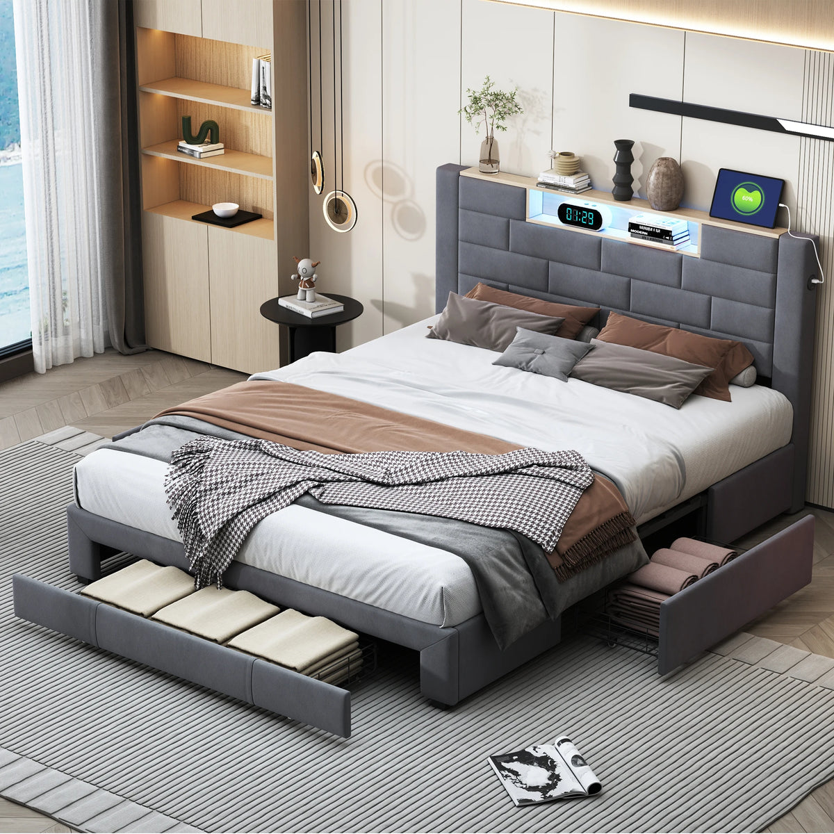 King Size 5ft Bed Frame with 4 Storage Drawers, LED & USB Headboard, Grey Velvet