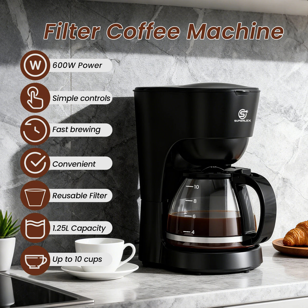 1.25L Electric Drip Coffee Maker 600W American Style with Reusable Filter Anti-Drip Function and Auto Shut-Off for Home Use