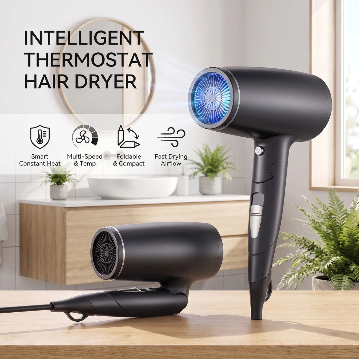 2000W Foldable Hair Dryer with NTC Temperature Control and Cool Shot, Grey