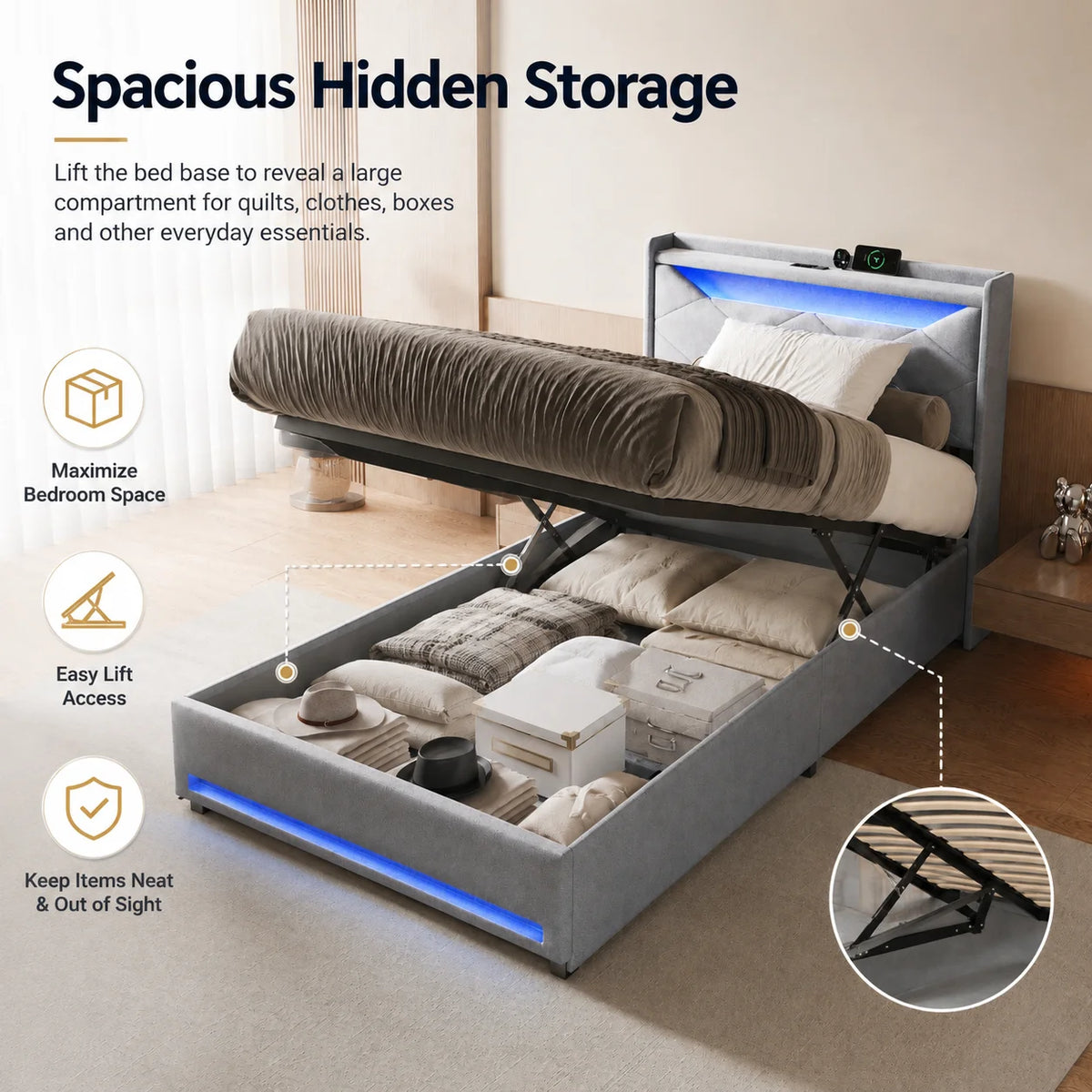 Ottoman Bed Frame with Lift-Up Storage, Grey Linen Upholstered Headboard – Single, Double & King Sizes