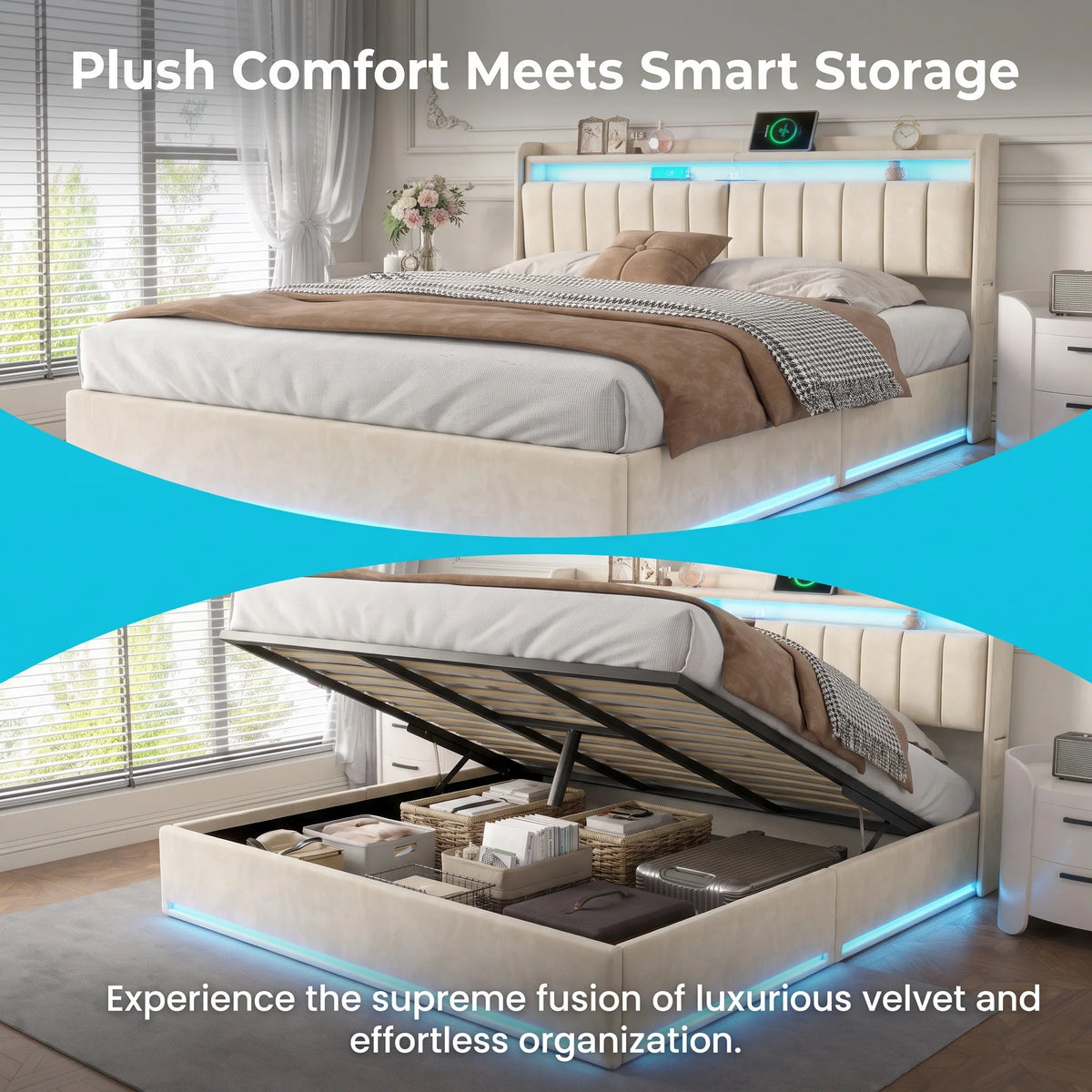 135 x 190cm Double Bed with Velvet Upholstery & Gas-Lift Ottoman Storage, Beige